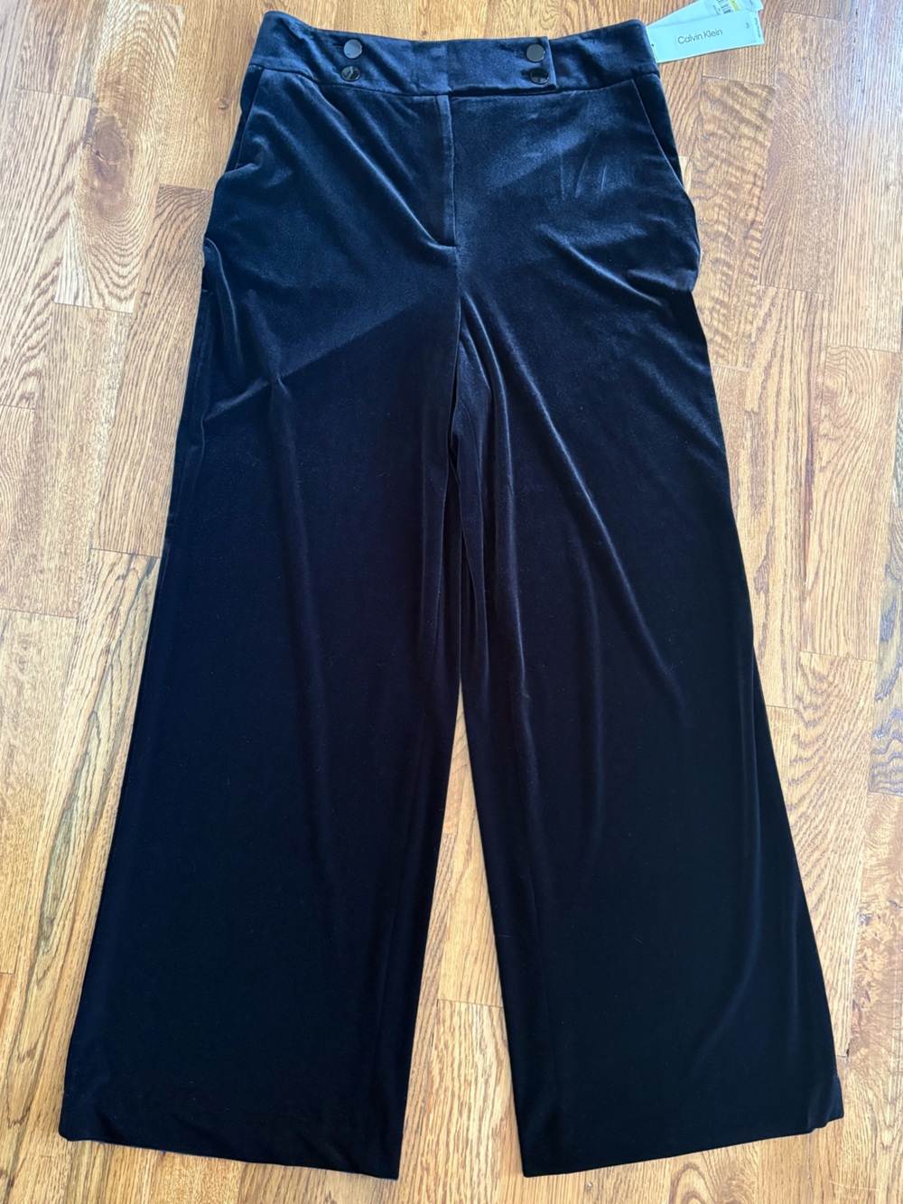 NWT Calvin Klein Women's Black Velvet High-Rise Wide-Leg Whitney Dress Pants 14